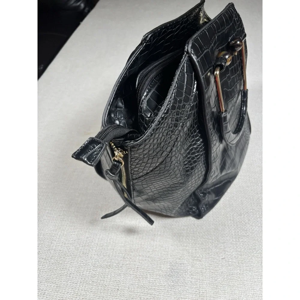Black Croc Embossed Satchel Handbag Gold Hardware Top Handle Purse